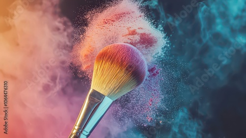 Advertisement pictures for makeup brushes. A makeup brush gently dusting colorful powder with vibrant hues of eyeshadow spreading in the air.