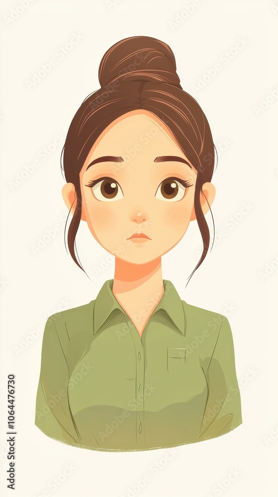 Young woman with bun hairstyle, illustrated portrait Young woman with bun hairstyle, illustrated portrait