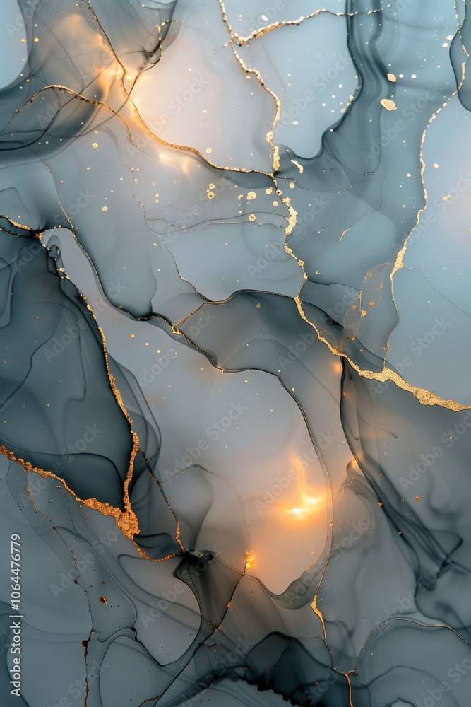 Fototapeta premium Dreamy luxury abstract fluid art painting with grey and gold swirls