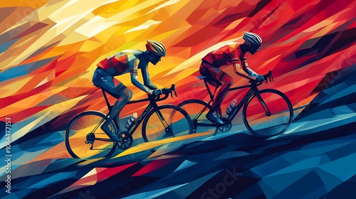 Two cyclists race uphill in a low polygon style. photo