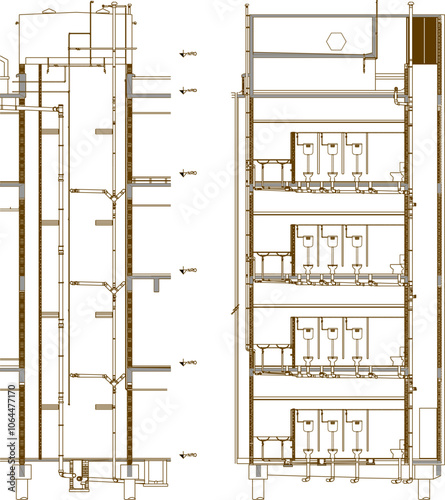 Vector sketch illustration of silhouette image of architectural engineering design, construction details for installing water pumps and piping in multi-storey buildings