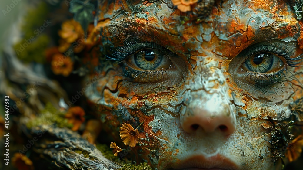 Close-up of a Human Face Transformed into Bark with Flowers Close-up of a Human Face Transformed into Bark with Flowers