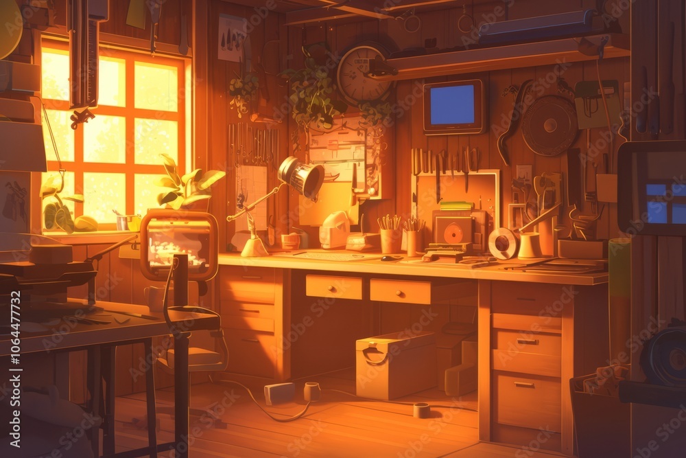 Cozy workshop with wooden workbenches, tools neatly arranged, and a warm light illuminating the space, Generative AI