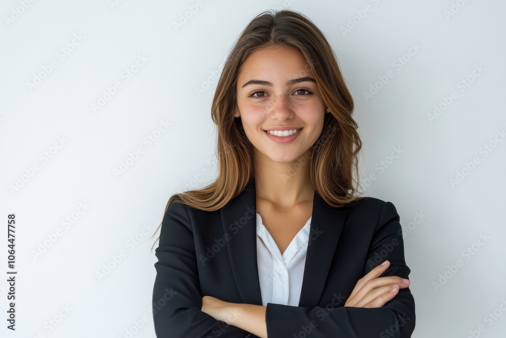 Beautiful young businesswoman pointing away and looking at camera with smile while standing against Beautiful young businesswoman pointing away and looking at camera with smile while standing against