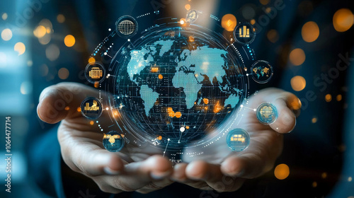 Obraz na płótnie Global payment system with interconnected digital networks, showcasing world map and data visualizations, symbolizing financial technology and innovation w salonie