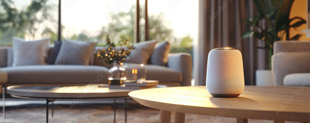 Fototapeta premium Smart home device on wooden table in cozy living room with soft lighting. scene features modern aesthetic, showcasing comfort and technology harmoniously
