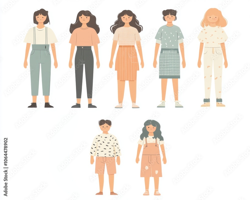 Fototapeta premium Cartoon images, illustrations that are character designs of people, both children and adults, both men and women, on a separate white background for use in various media.