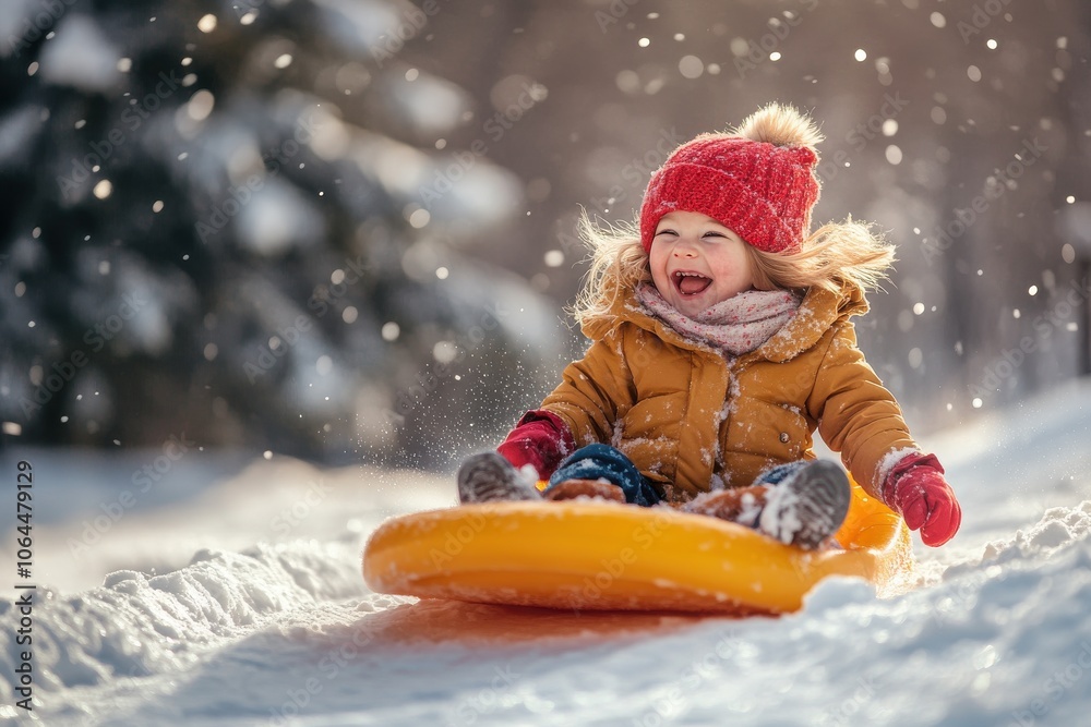 Blonde toddler child girl wearing a coat laughing and having fun on a snow sled, skid, sledge Blonde toddler child girl wearing a coat laughing and having fun on a snow sled, skid, sledge