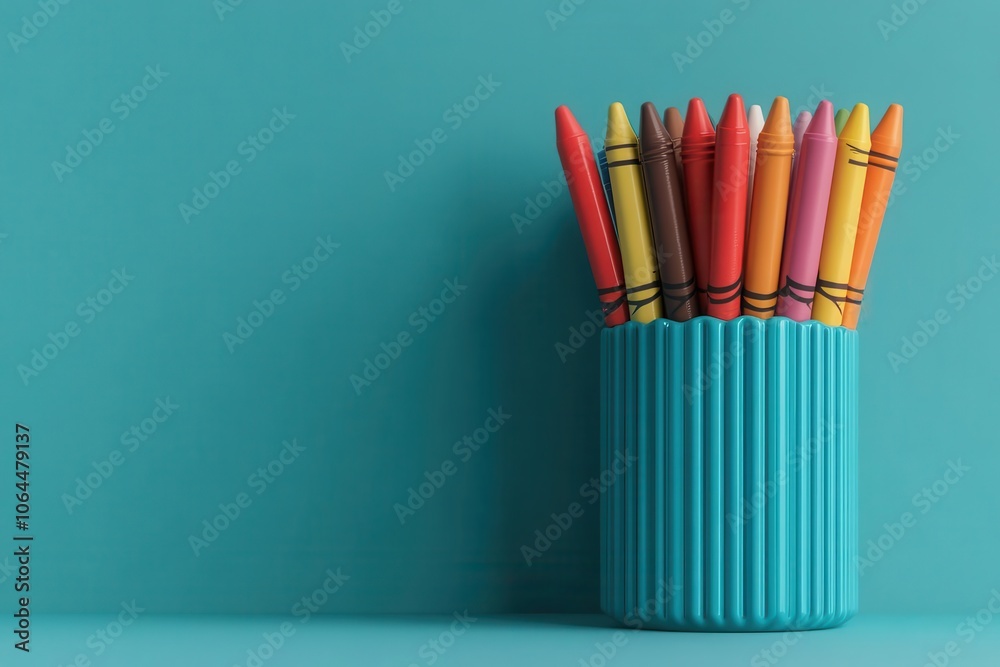 A vibrant teal background showcases a blue container filled with colorful crayons, emphasizing creativity and artistic expression. A vibrant teal background showcases a blue container filled with colorful crayons, emphasizing creativity and artistic expression.