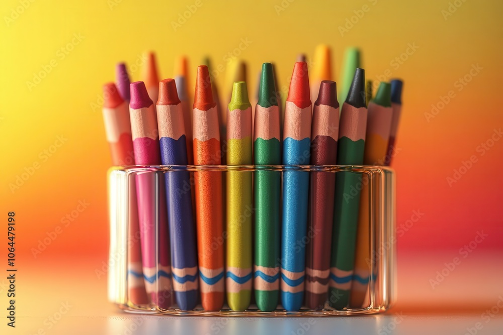 Fototapeta premium A vibrant collection of colorful crayons neatly arranged in a clear holder against a gradient background, ideal for artistic creativity and fun.