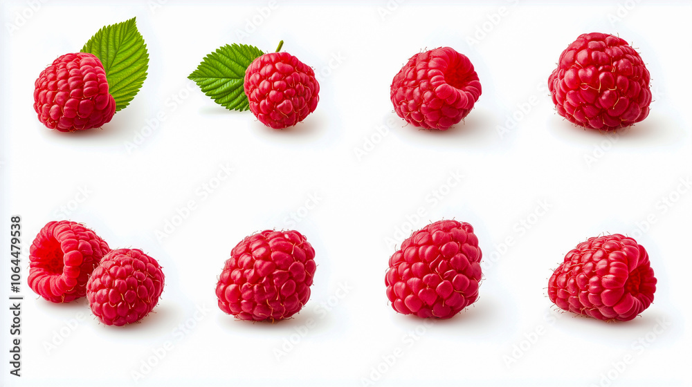 Ripe raspberries with leaf isolated on a white background, Set or collection Ripe raspberries with leaf isolated on a white background, Set or collection