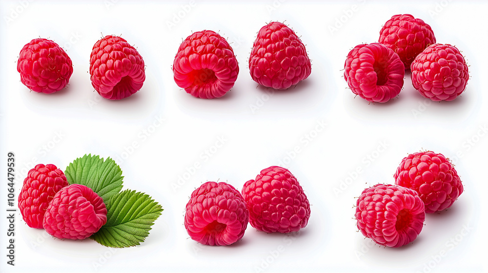 Ripe raspberries with leaf isolated on a white background, Set or collection Ripe raspberries with leaf isolated on a white background, Set or collection