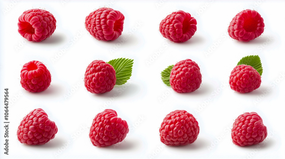 Ripe raspberries with leaf isolated on a white background, Set or collection Ripe raspberries with leaf isolated on a white background, Set or collection