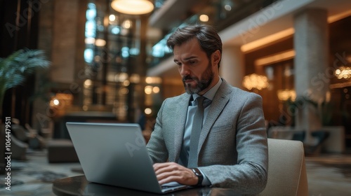 Business professional working on laptop in office lobby, depth of field