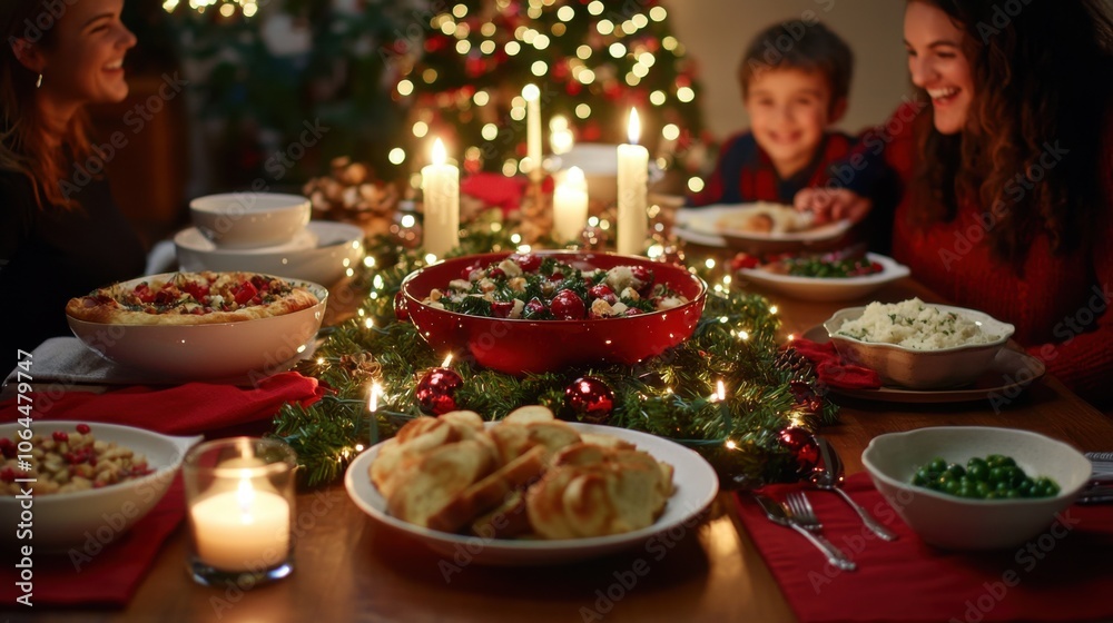 Fototapeta premium A picture of people happily eating together, while the house is decorated for Christmas, including a Christmas tree and many gifts and decorative lights. Christmas, a festival of happiness.