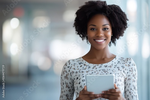 Businesswoman holding tablet pc and smiling at camera. Cheerful young African