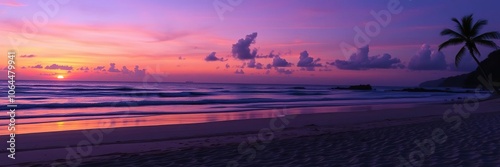 A serene and idyllic beach scene is set against a majestic seasunset that gradually transitions into hues of purple and blue, calming scene, seagulls, infinite horizon photo