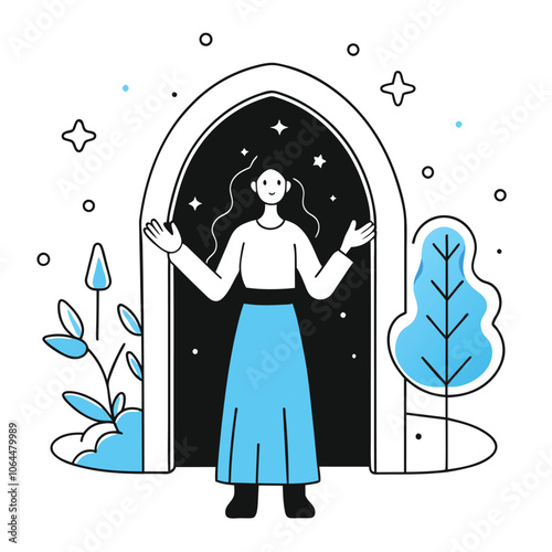 Woman standing in a magic archway under the starry night sky