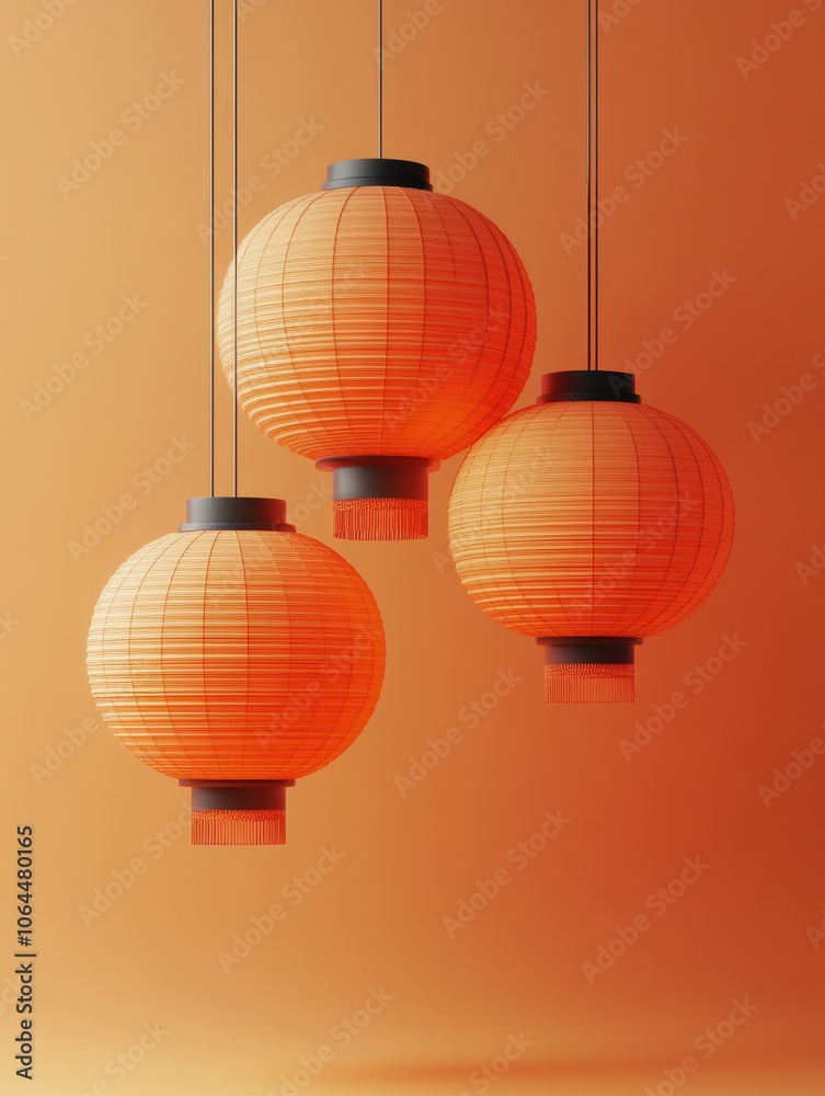 Fototapeta premium Hanging orange lanterns create warm and inviting atmosphere, perfect for festive occasions or cozy settings. Their vibrant color adds touch of elegance to any space