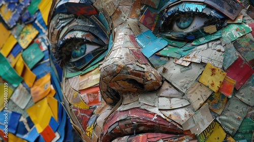 Artists creating upcycled art using recycled materials to promote sustainability. Illustrations
