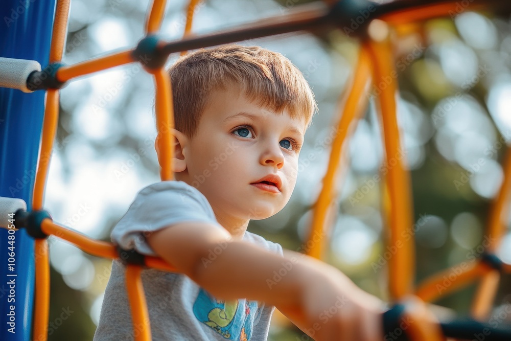 Child boy playing on playground equipment in the park, Depth of field Child boy playing on playground equipment in the park, Depth of field