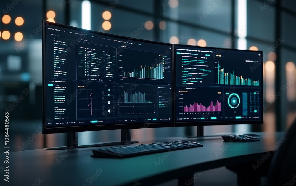 Dual monitors displaying data analytics and graphs in modern workspace. Dual monitors displaying data analytics and graphs in modern workspace.