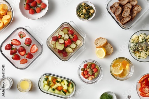 Different meals in glass containers and food products on a white background