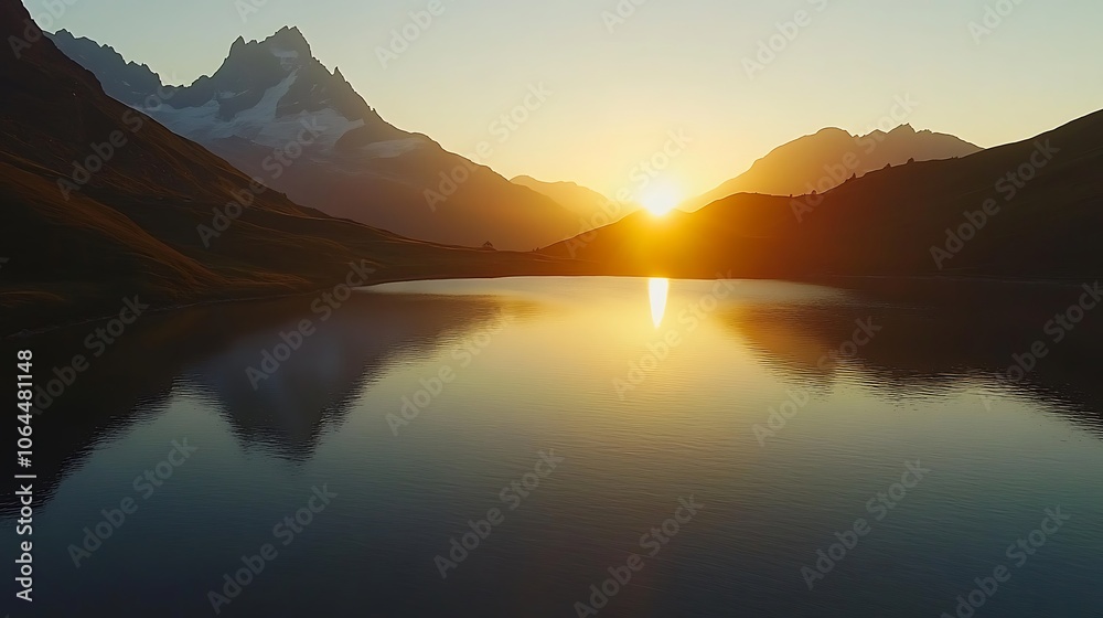 Fototapeta premium Mountain Lake Sunset with Silhouetted Peaks and Golden Reflections