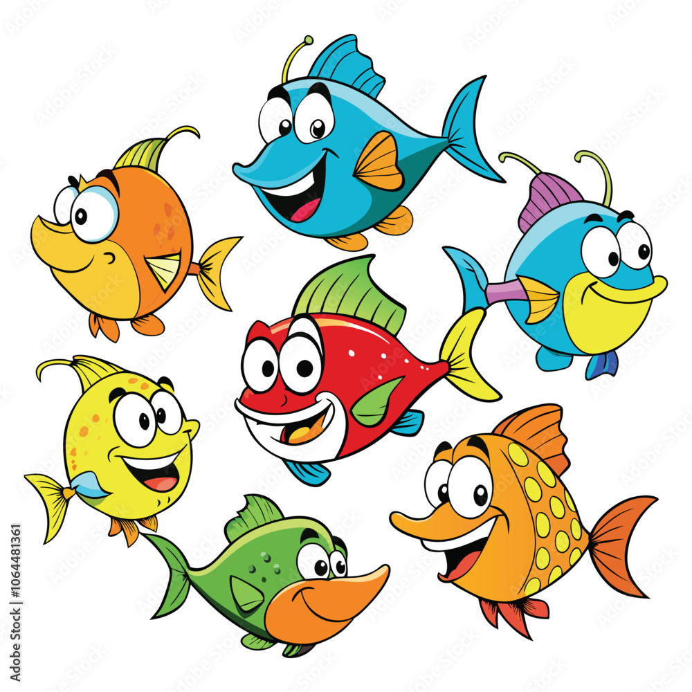 Obraz premium Cute cartoon animal set of funny fish vector illustration