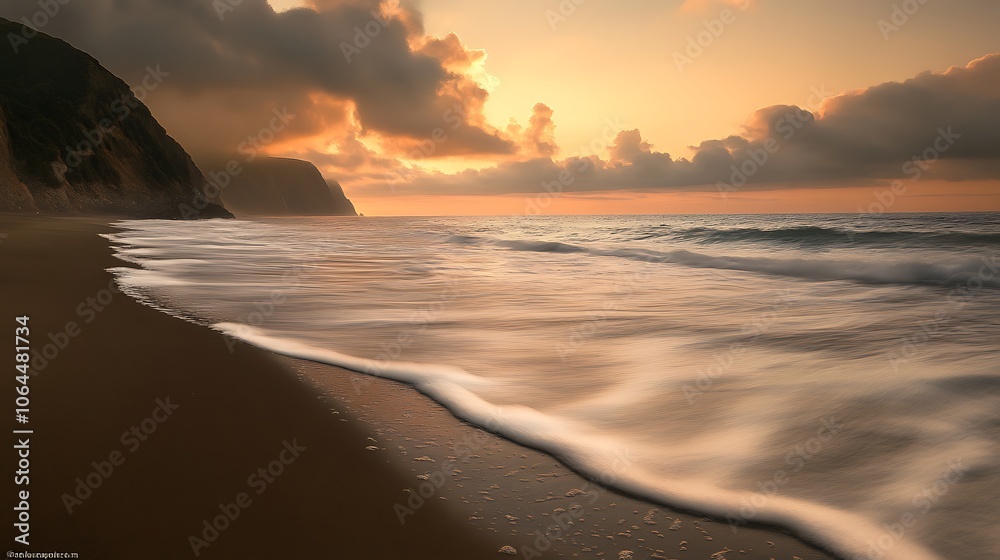 Obraz premium Coastal Sunset with Silhouetted Cliffs and Wave Patterns