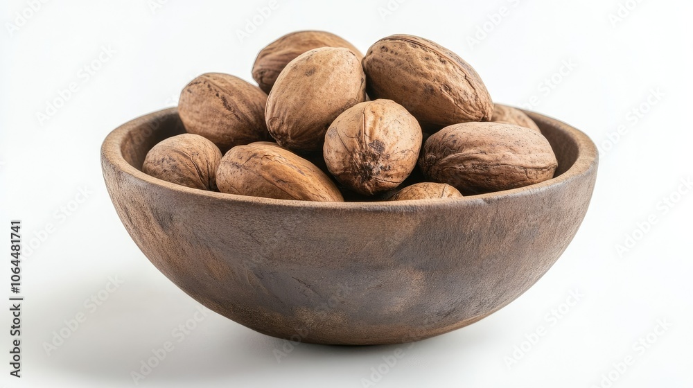 Brown Nuts in Wooden Bowl on White Background Brown Nuts in Wooden Bowl on White Background