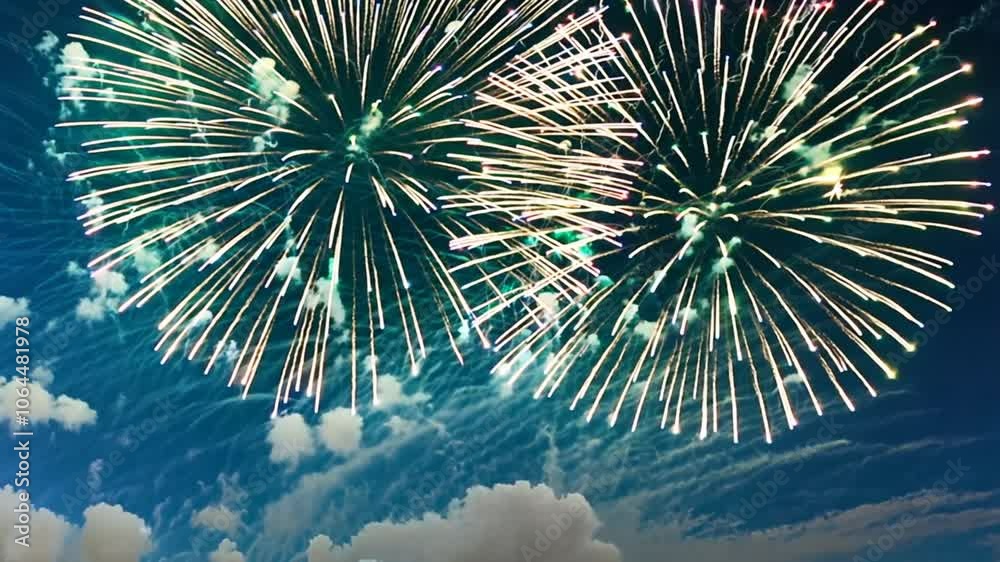 A vibrant display of fireworks explodes against a backdrop of a blue night sky filled with white clouds. Animation looping video background. Generated with AI