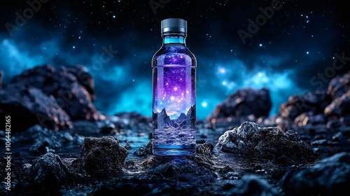 Cosmic Landscape in a Bottle Surreal Nighttime Scene with Stars Mountains and Water