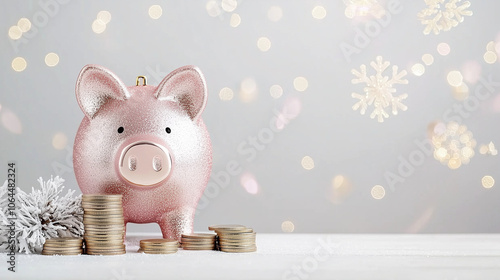 Pink Piggy Bank with Coins ...