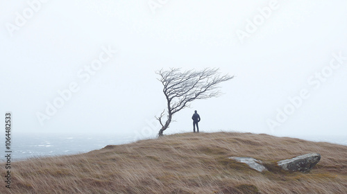 Solitude by the Sea: A lone figure contemplates the vast, misty ocean, standing beside a windswept tree on a desolate clifftop. photo