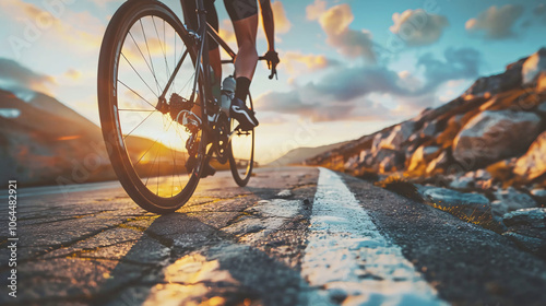 A close-up of a cyclist riding on a scenic mountain road during sunset, with golden light illuminating the landscape and road details