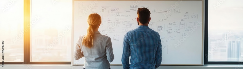 A man and woman stand before a whiteboard filled with notes, engaged in a brainstorming session, with sunlight streaming through the window. A man and woman stand before a whiteboard filled with notes, engaged in a brainstorming session, with sunlight streaming through the window.