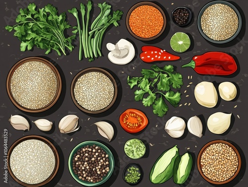 Healthy food ingredients in neatly arranged vegetables and spices for nutritious meals