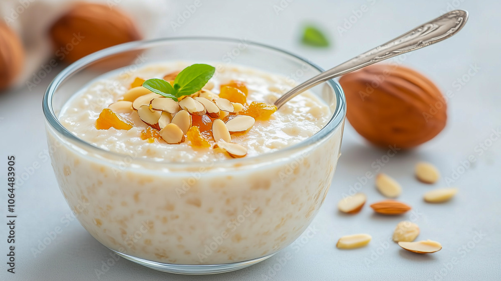 Single Serving Bowl of Brown Rice Pudding with Slivered Almonds and Dried Apricots with Spoon 
