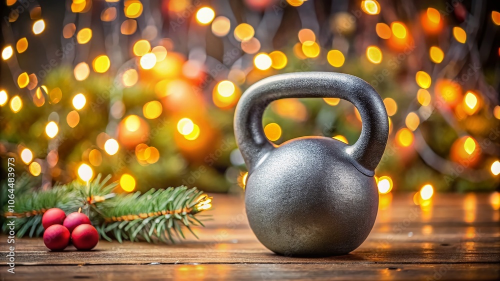 Fototapeta premium Christmas cheer meets fitness with a gray kettlebell on festive backdrop.