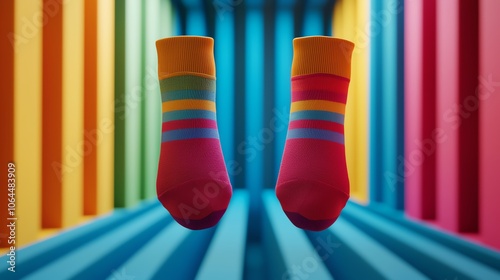 Pairs of colorful socks floating in a zerogravity chamber, surreal effect, wide shot photo