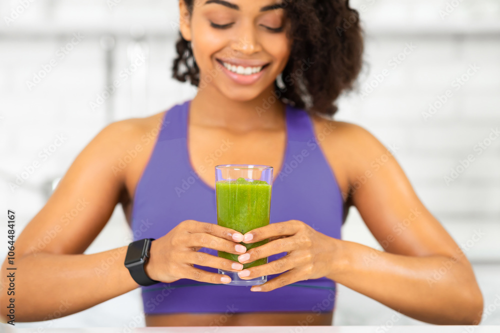 Healthy Drink. Smiling Black Girl Holding Glass With Delicious Detox Smoothie, Close Up Healthy Drink. Smiling Black Girl Holding Glass With Delicious Detox Smoothie, Close Up