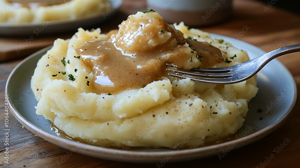 Mashed Potatoes with Gravy and Fork Mashed Potatoes with Gravy and Fork