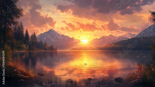 Sunset Over a Serene Mountain Lake with Birds in Flight