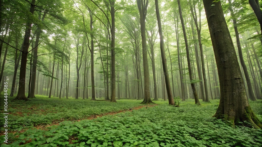 Fototapeta premium A serene and peaceful forest scene with tall trees and a carpet of green leaves, nature, nature scenery, leafy forest