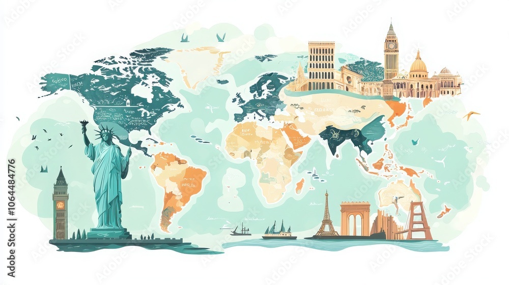 Fototapeta premium Exploring an illustrated world map featuring iconic landmarks and natural wonders across continents
