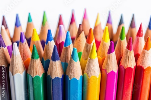 Colorful Pencils Close Up, White Background, Copy Space