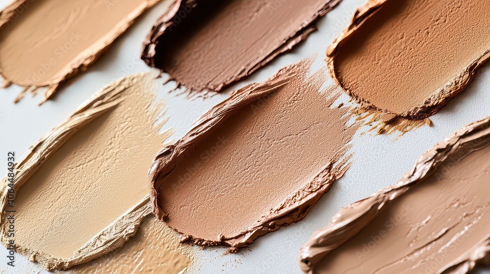 Foundation swatches in various skin tones on a white surface. Foundation swatches in various skin tones on a white surface.