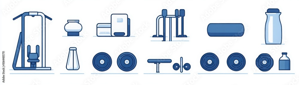 Modern fitness equipment icons in clean bold style for contemporary health and wellness visuals Modern fitness equipment icons in clean bold style for contemporary health and wellness visuals