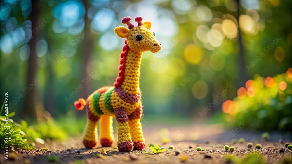 Fototapeta premium Crochet tilt-shift giraffe amigurumi. Handmade, unique, and adorable. Collectible toy. Perfect gift idea.